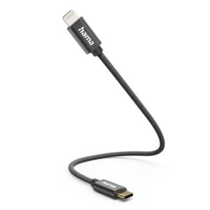 HAMA – Hama Charging/Data USB-C to Lightning Cable, 480Mbps, Nylon Sheath, Gold-Plated, 0.2 Metre, Black, MFI Certified