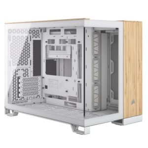 CORSAIR – Corsair 2500X Dual Chamber Gaming Case w/ Glass Side & Front, Micro ATX, Mesh Panels, USB-C, Asus BTF Compatible, White/Bamboo Wood