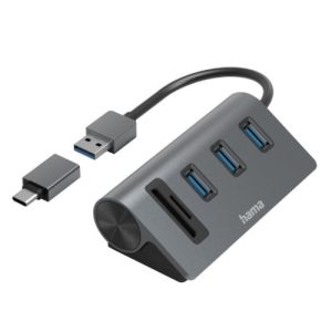 HAMA – Hama External USB 3.2 Gen1 Hub/Card Reader, 3x USB-A, SD, microSD, USB Powered, USB-C Adapter